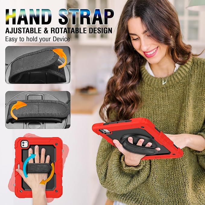 iPad Pro 11 Inch M4 Case 2024 for Kids with Screen Protector Pen Holder | Heavy Duty Shockproof Cover W/Stand Hand Strap Shoulder Strap for iPad Pro 11'' Model A2836/A2837/A3006 | Red