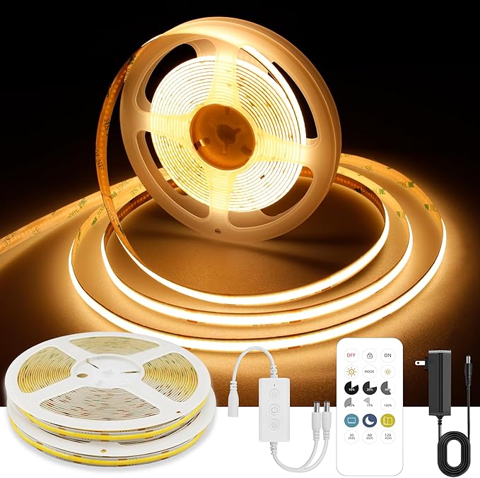 AXMOTUT 32.8ft COB LED Strip Light Warm White, High Bright LED Strips with 320LEDs, RF Remote and UL Power Supply, 2700K Dimmable LED Lights for Bedroom,Kitchen, DIY Home Decoration, 2 Rolls of 16.4ft