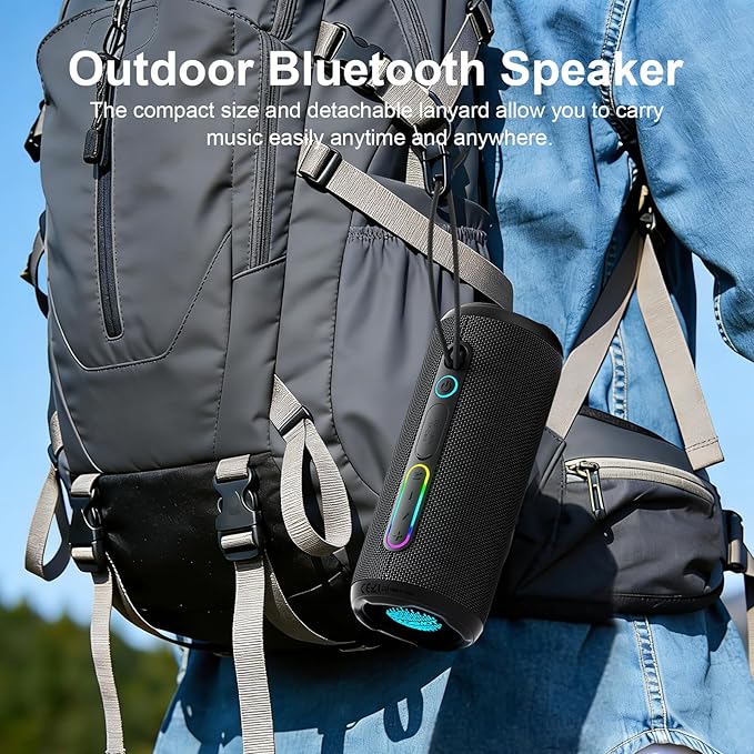 Portable Bluetooth Speaker, 24W Loud Deep Bass, IPX7 Waterproof, TWS Pairing, 12H Playtime, RGB Lights, Outdoor Bluetooth Speakers for Camping, Biking, Party (Black)