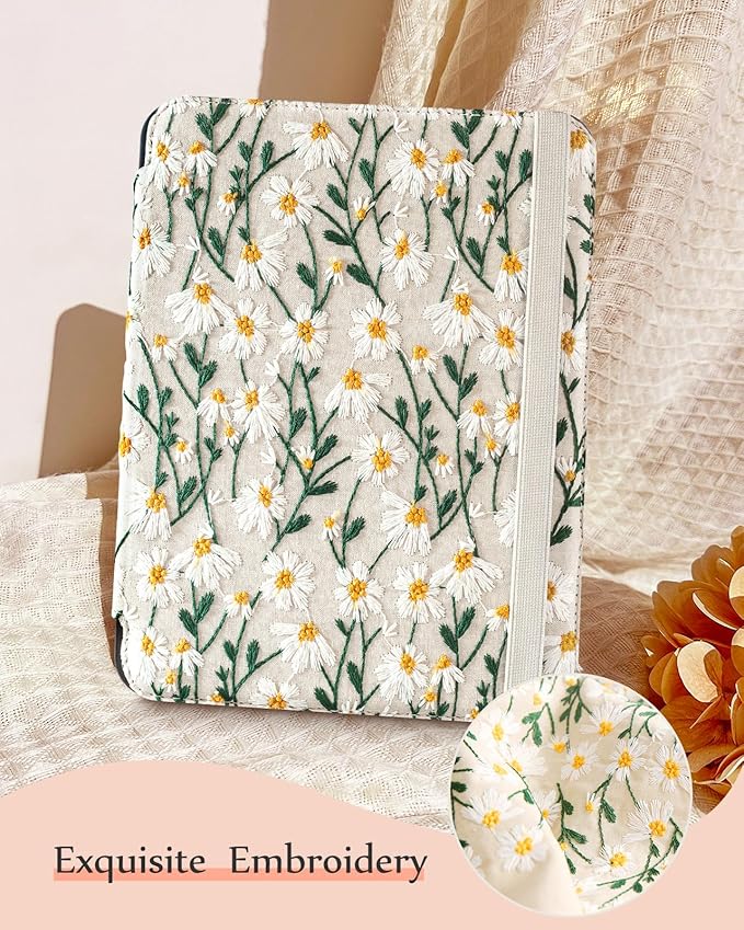 Uppuppy for iPad 9th/8th/7th Generation Case 10.2'' - Women Girls Cute Embroidered Folio Stand Cover with Pencil Holder & Card Slot Girly White Daisy Flower Design Aesthetic Cases for iPad 7th/8th/9th