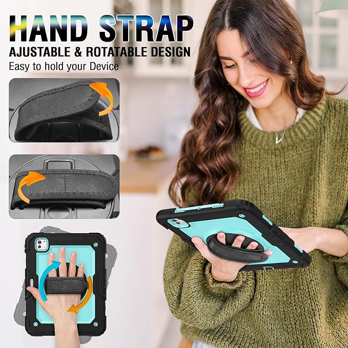 iPad Pro Case 11 Inch for Kids | iPad Pro 11 5th Generation Case with Screen Protector Pen Holder | Hybrid Shockproof Rugged Drop Protection Cover W/ 360° Kickstand Shoulder Strap | SkyBlue
