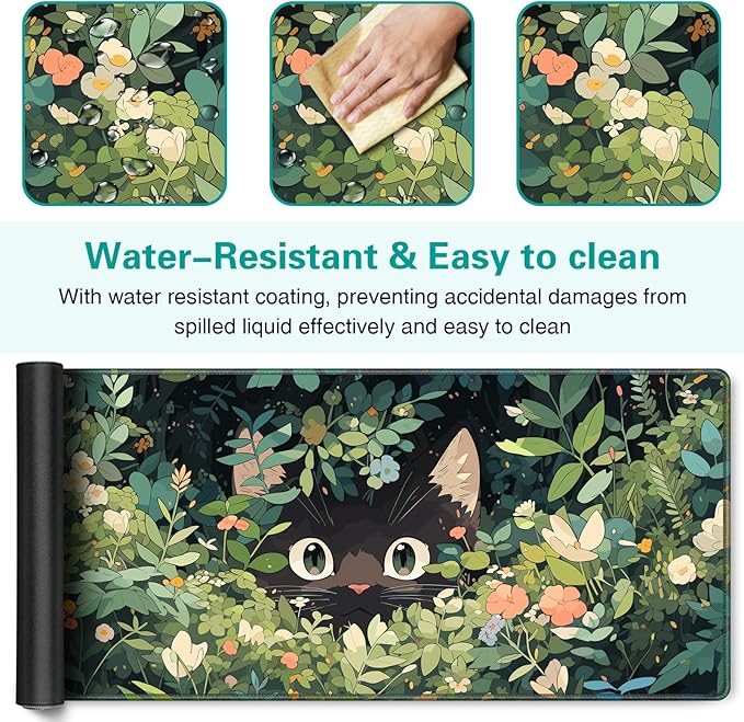 Anime Cat Mouse Pad, Green Desk Mat, Kawaii XXL Large Gaming Mouse Pad Keyboard with Stitched Edges Non-Slip, 35.4×15.7in Mousepad Mat for Desktop Computer Laptop Office Women Decor Funny