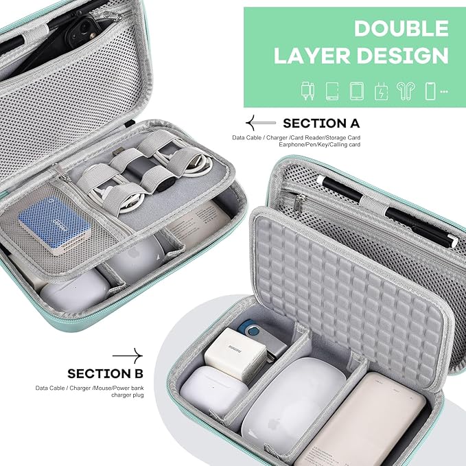Hard Travel Electronic Organizer Case for MacBook Power Adapter Chargers Cables Power Bank Apple Magic Mouse Apple Pencil USB Flash Disk SD Card Hard Drive Shockproof Accessories Carrying Bag, Green