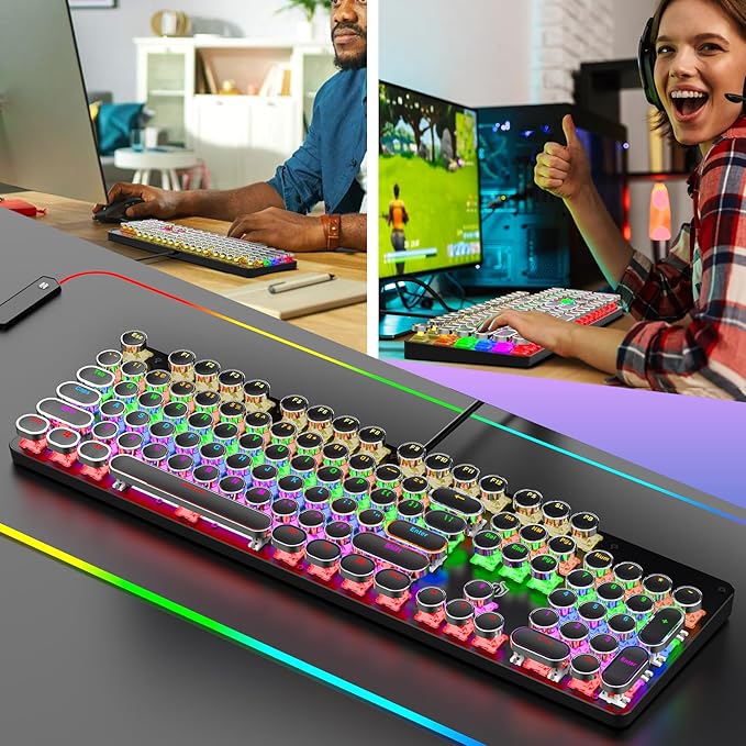 Typewriter Mechanical Gaming Keyboard with RGB Backlit Red Switches, 104 Keys Retro Round Keycap, Wired Typewriter Style Comfortable Typing Soud (L-Black)