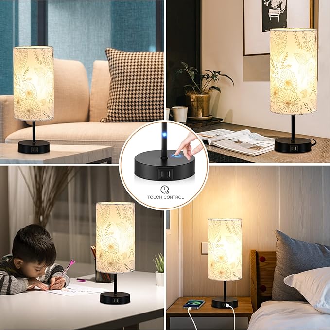 CINSARY Touch Control Bedside Lamp with 2 USB Ports, 3-Way Dimmable Table lamp for Bedroom, Nightstand Lamp with Round Flower Fabric Shade for Living Room Home Office (E26 LED Bulb Included)