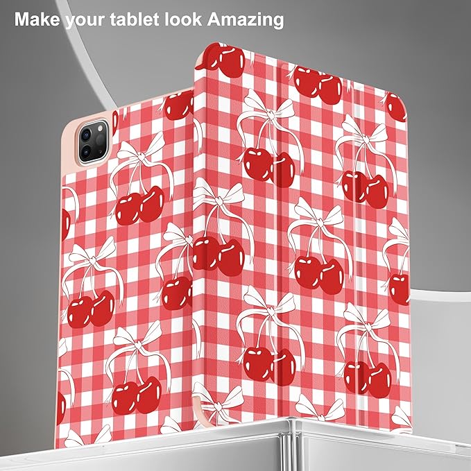 May Chen Case for iPad Pro 11 inch (4th, 3rd, 2nd & 1st Gen) 2022 2021 2020 2018, Trifold Stand + Pencil Holder + Auto Wake/Sleep + Soft TPU Protective Stand Back Cover, Cherry Bow