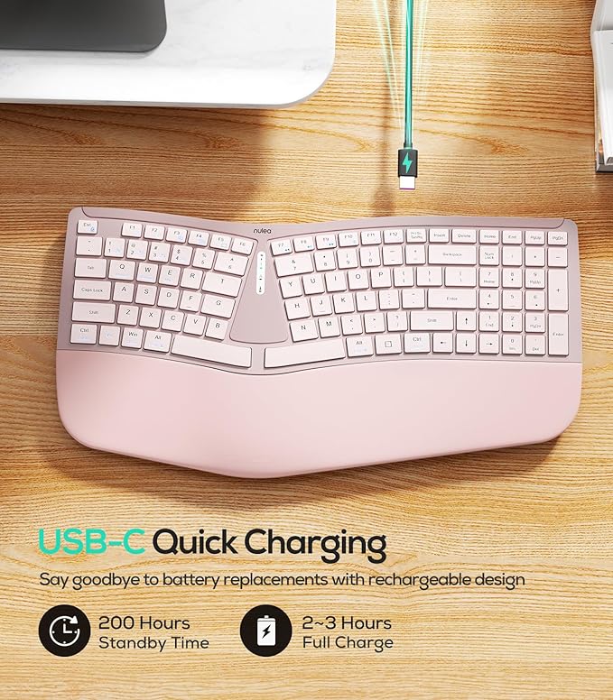 Nulea RT07B Wireless Ergonomic Keyboard - Split Keyboard, Wrist Rest, Natural Typing, Bluetooth and USB Connectivity, USB-C Rechargeable,Compatible with Windows Mac (Silver White)