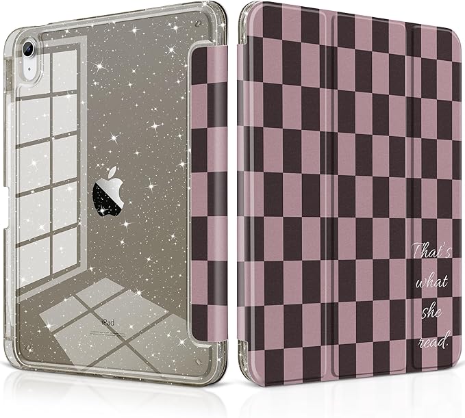 DONGKE for iPad Pro 11 inch Case – Fits M5 2025 / M4 2024, Shockproof Sparkling Glitter Acrylic Back, Pencil Holder, Trifold Stand, Auto Sleep/Wake & Touch ID Support - Brown Gingham