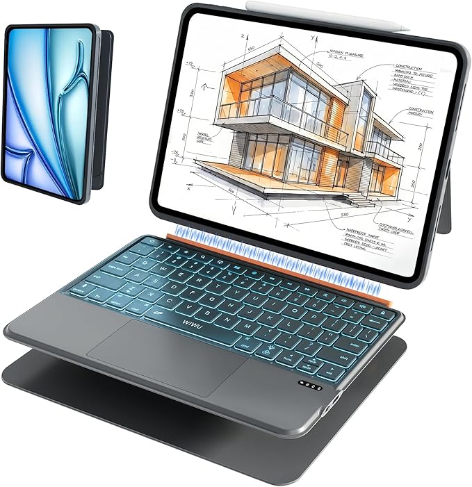 WIWU for iPad Case with Keyboard Air 11 Inch M4 2026 A16 10th Gen Magnetic Detachable Keyboard Case Adjustable Stand Backlit Keys Touchpad (Grey, for iPad 11/10/Air 5/4/11"(M2/M3/M4) Pro 11" 4/3/2/1)