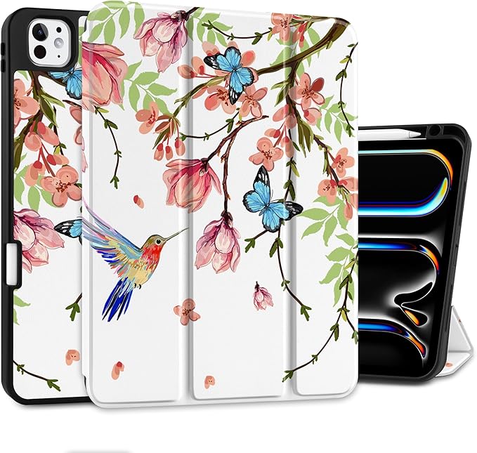 MEEgoodo Case for M5 iPad Pro 11 inch 2025/M4 iPad Pro 11 inch Case 2024, Tablet Cover with Trifold Stand & Pencil Holder & Auto Wake/Sleep & Soft TPU Back Cover, Birds & Flowers