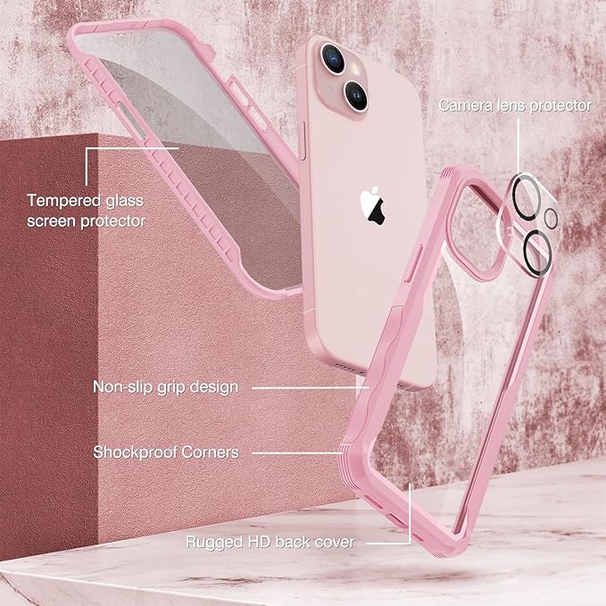 CENHUFO Privacy for iPhone 15 Case, Full Body Phone Case with Built-in 9H Tempered Glass Privacy Screen Protector and Camera Lens Protector, Anti Peep Spy Shockproof Bumper Clear Cover - Pink
