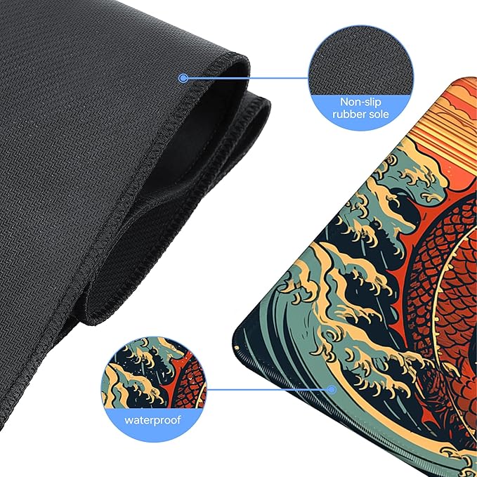 Wave Sea Dragon Gaming Mouse Pad,Anime Mouse Pad Gaming 31.5 x 15.7 in Mouse Mat Desk Pad,Extended Keyboard Pad Large Desk Mat Mousepad with Non-Slip Base and Stitched Edge for Office Home
