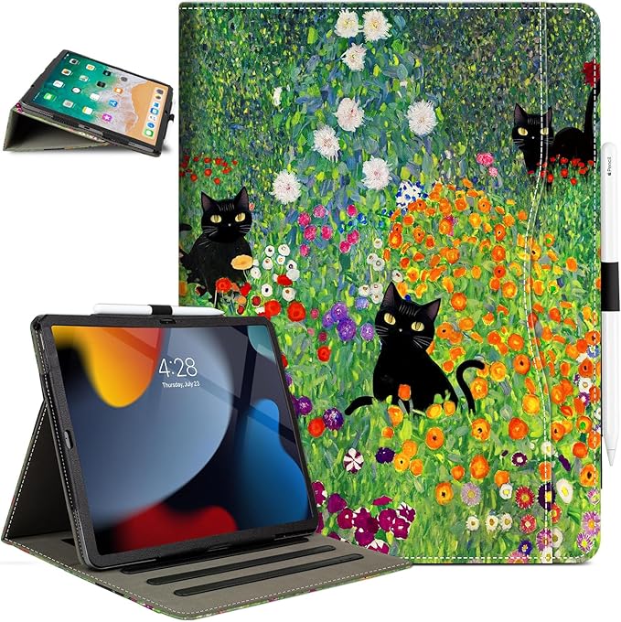 iPad Air 13 inch Case (M4/M3/M2), iPad Pro 12.9 inch Case, iPad Pro 13-Inch (M5/M4) case Shockproof Pencil Holder Multiangle Adjustable Stand/Pocket/Magnetic Closure/Auto Wake Sleep Flowers Garden Cat