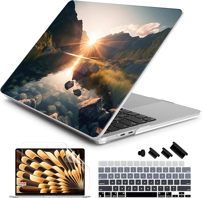 Batianda Premium Case for New MacBook Air 15 inch with M5 M4 M3 M2 Chip 2026 2025 2024 2023 Release, Designed Ultra-Slim Hardshell & Keyboard Cover & Screen Protector 4-in-1 Bundle, Mountain Sunrise