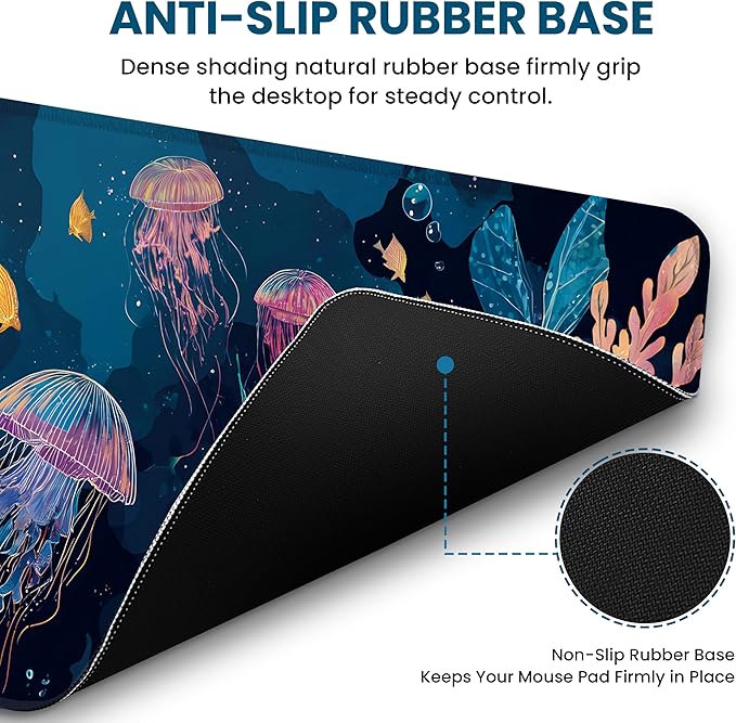 Large Mouse Pad for Desktop, Cute Desk Mat Pad Protector for Work & Gaming, Aesthetic Pretty Anti-Slip Laptop Blotter Cover for Office School Home Supplies, Jellyfish, 31.5" x 11.8"