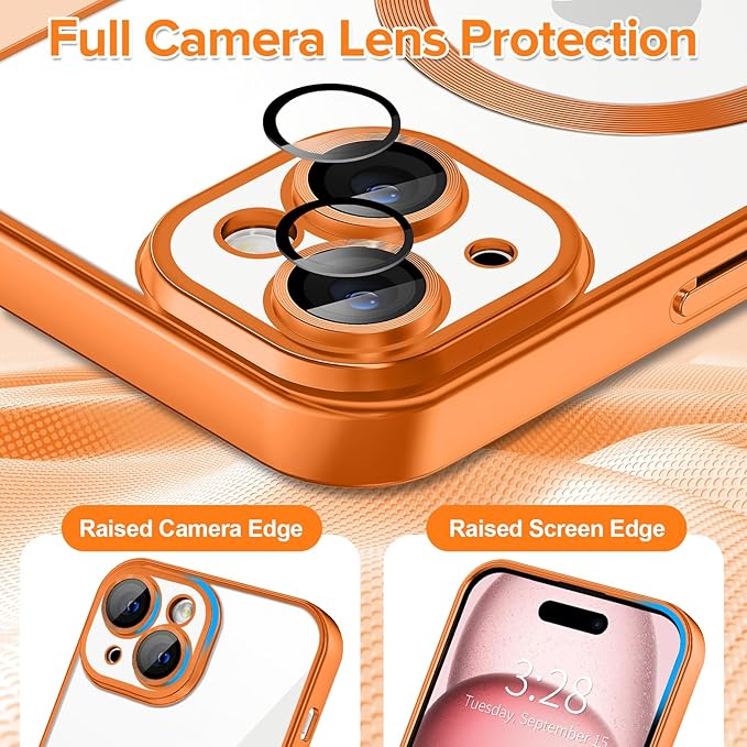 Hython Magnetic Clear for iPhone 15 Case with Camera Lens Protector [Compatible with MagSafe] Luxury Plating Edge Slim Soft TPU Cover Protective Phone Case for iPhone 15 6.1", Matte Orange
