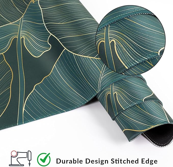 Large Gaming Mouse Pad with Coaster, Desk Matt for Desktop, Desk Pad, Mouse Pads Mat, Stitched Edges Big Extended Mousepad for Computer Keyboard Laptop Office Decor, 31.5'' x15.6''-Green Leaves2