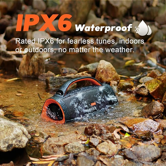 DOSS Extreme Boom Pro 100W Loud Outdoor Speaker, 2+2 Channel, IPX6 Waterproof, Bluetooth 5.3, 20H Playtime, Dynamic RGB Lights, Portable Speaker for Camping, Beach, Pool, Working Outside - Orange