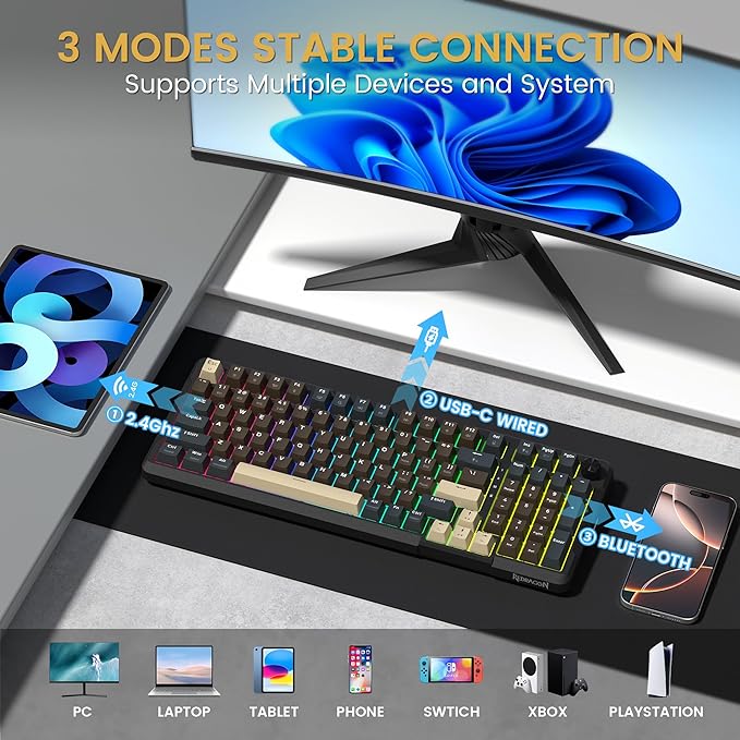 Redragon K742 Wireless Mechanical Gaming Keyboard with Knob, Bluetooth 5.0/2.4GHz/USB C Wired Creamy Keyboard with Number Pad for PC Computer, RGB Backlits, Hot-Swappable with Linear Switches (Brown)