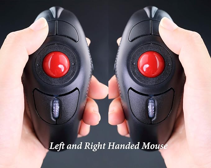 EIGIIS 2.4G Ergonomic Trackball Finger Handheld USB Wireless Mouse for PC Laptop Mac Left and Right Handed User (Black Wireless Red TrackBall)