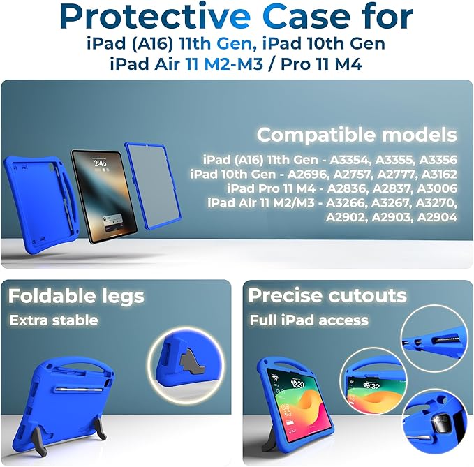 Bam Bino Space Suit, iPad Air 11 Inch Case Kids(M2/M3/M4), iPad Pro 11inch(M4/M5), iPad A16(11thGen), iPad 10thGeneration, Built-in Screen Protector, Handle, Kick Stand, Shoulder Strap (Galactic Blue)