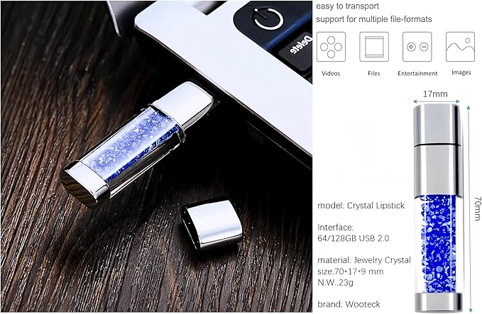 128GB Jewelry Crystal Lipstick USB Flash Drive,High Speed Memory Stick,Blue
