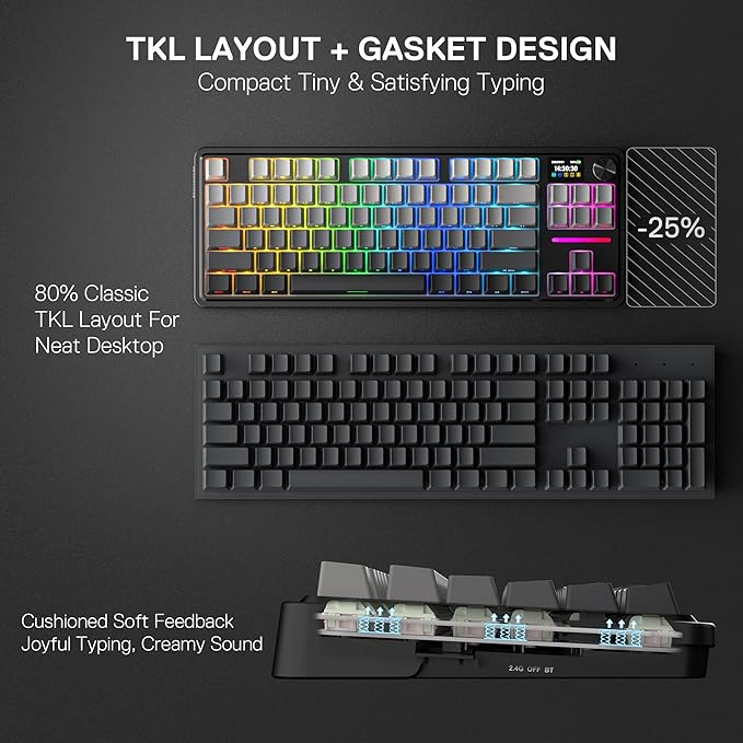Redragon K743 PRO GB 80% Gasket RGB Gaming Keyboard w/Hype 1.14’’ TFT Screen & Knob, 84 Keys Mechanical Keyboard, 5-Layer Noise Dampening, Hot-Swap South-Facing RGB Socket, Gradient PBT Keycaps