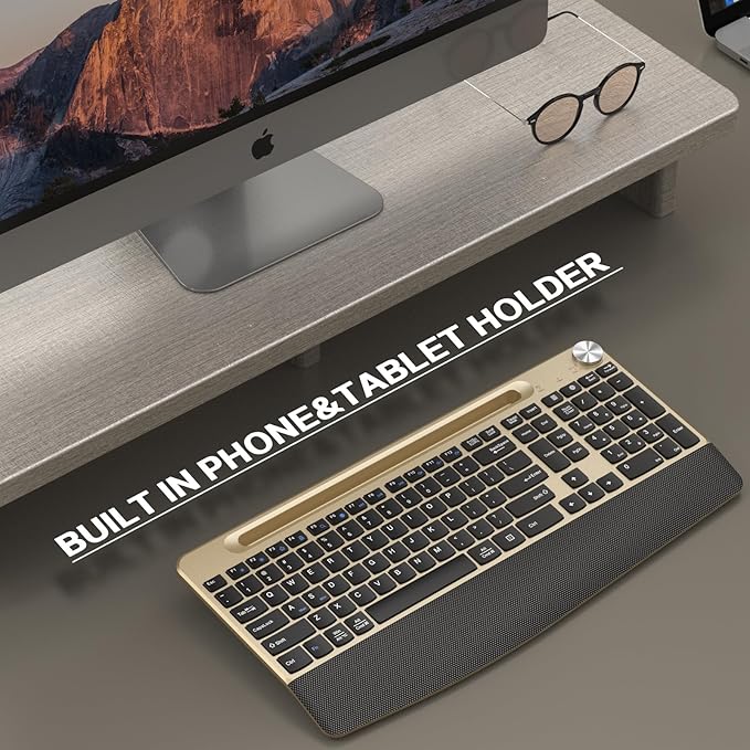 GAMCATZ Ergonomic Wireless Keyboard with Wrist Rest-Low-Profile,Phone/Tablet Holder,Quiet Design，Windows & Mac OS，Full Size Cordless USB Computer Keyboard for Desktop,Laptop, PC, Mac, Windows-Black