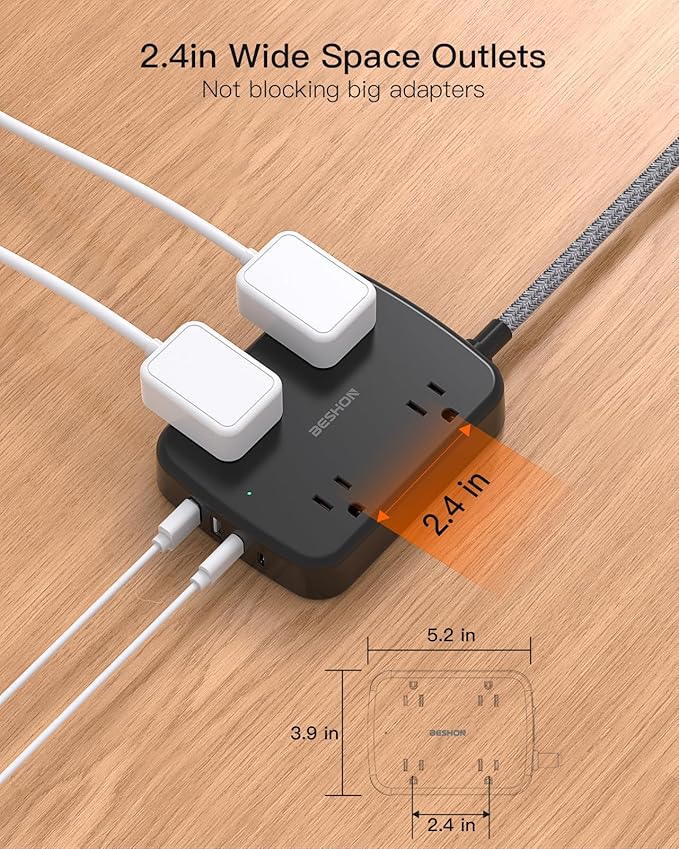 Power Strip with 2 USB C - BESHON 5 Ft Flat Extension Cord Flat Plug Power Strip, 4 Widely Outlets and 4 USB Charging Ports for Home Office Dorm Room Essentials, Black