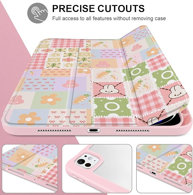 Case for iPad Pro 13 inch (M5) 2025 (M4) 2024 Release Slim Lightweight Cute Light Pink Cover with Clear Back TPU Edge Pencil Holder Trifold Stand, Cute Bunny