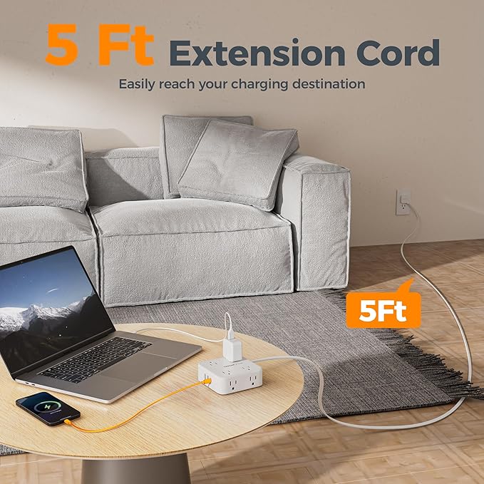 TESSAN Surge Protector Power Strip, 5 Ft Flat Plug Extension Cord with 3 USB (1 USB C) 8 Outlets, 1250W, 900J Protection, 3 Sided Outlet Extender with Power Switch for Office, Dorm Room, White