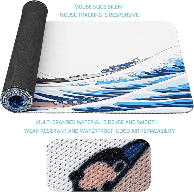 31.4"x11.8"Extended Large Gaming Mouse Pad,XL Large Non-Slip Rubber Base Mousepad with Stitched Edges,Waterproof Keyboard Mouse Mat Desk Pad,Japanese Sea Wave, White and Blue Tones