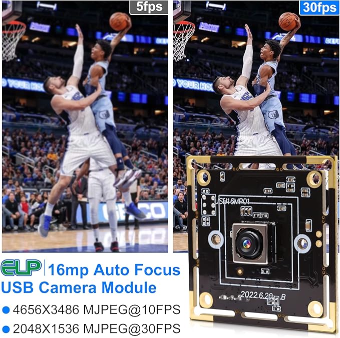 ELP 16MP Autofocus USB Camera Module - 4K UVC USB2.0 With 68-Degree Mini Size Lens IMX298 for Computer, Laptop, PC - Video Lightburn Industrial Embedded Webcam Board