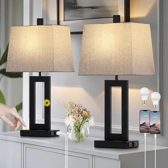 Cinkeda Touch Control Table Lamp Set of 2, Modern Black Bedside Lamps with USB C+A Ports & AC Outlet, 3 Way Dimmable Bedroom Lamps for Night Stands Bedroom Living Room,Nightstand Lamp