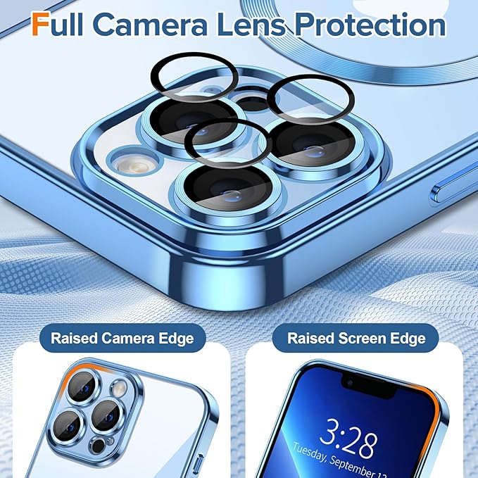 Hython Magnetic Clear for iPhone 13 Pro Case with Camera Lens Protector [Compatible with MagSafe] Luxury Plating Edge Slim Soft TPU Cover Protective Phone Case for iPhone 13 Pro 6.1", Light Blue