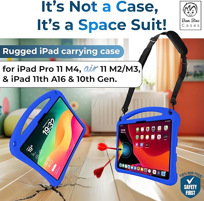 Bam Bino Space Suit, iPad Air 11 Inch Case Kids(M2/M3/M4), iPad Pro 11inch(M4/M5), iPad A16(11thGen), iPad 10thGeneration, Built-in Screen Protector, Handle, Kick Stand, Shoulder Strap (Galactic Blue)