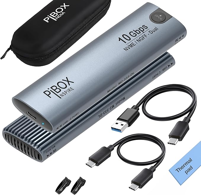 PiBOX India NVMe M2 Enclosure - Dual Protocol USB 3.2 Tool-Free Case, PCI-E Reader, USB-C, M & B+M Keys, 2230/2242/2260/2280 SSDs