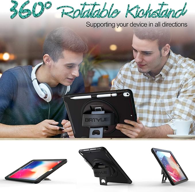 BATYUE case for iPad Air 3rd Gen 2019 & iPad Pro 10.5" 2017, Heavy Duty Rugged Protective Cover with 360° Swivel Stand, Leather Hand Strap & Pencil Holder - for Business, Outdoor, Sales Reps - Black