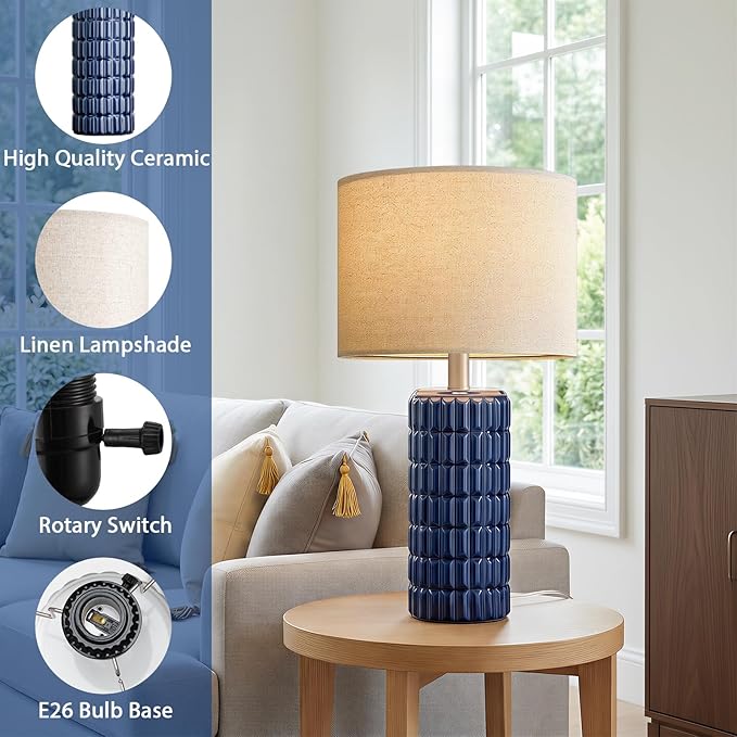 23" Modern Ceramic Table Lamps Set of 2 - Table Lamps for Living room, Farmhouse Bedside Night Stands Lamp for Bedroom, White Boho Nightstand Lamps Set of 2, Desk Lamp for End Table Home Decor(Blue)