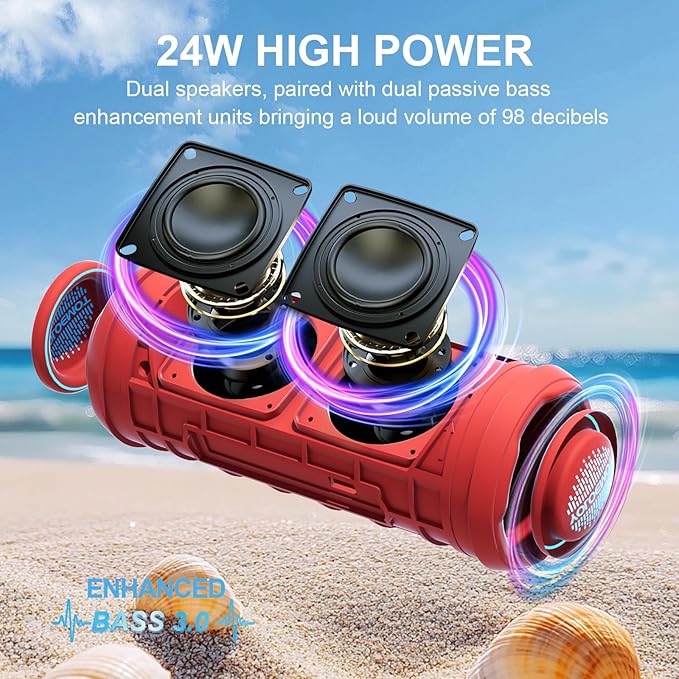 Bluetooth Speaker IPX7 Waterproof Sandproof, 24W Loud Stereo Sound, Bluetooth 5.3, Enhanced Bass, TWS Pairing, 12H Playtime for Home/Outdoor, for Mom (Red)