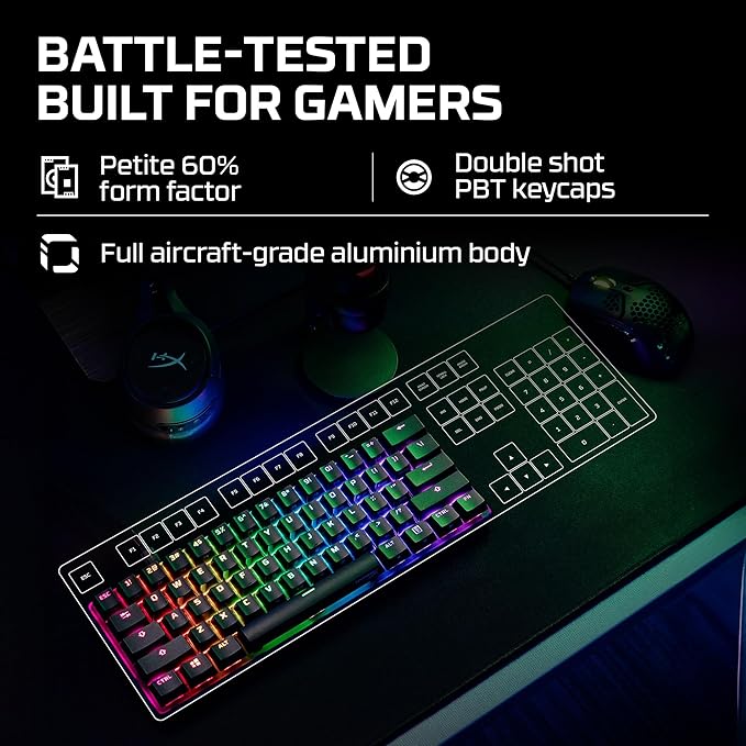 HyperX Alloy Origins 60 - Mechanical Gaming Keyboard - Ultra Compact 60% Form Factor - Tactile Aqua Switch - Double Shot PBT Keycaps - RGB LED Backlit - NGENUITY Software Compatible,Black