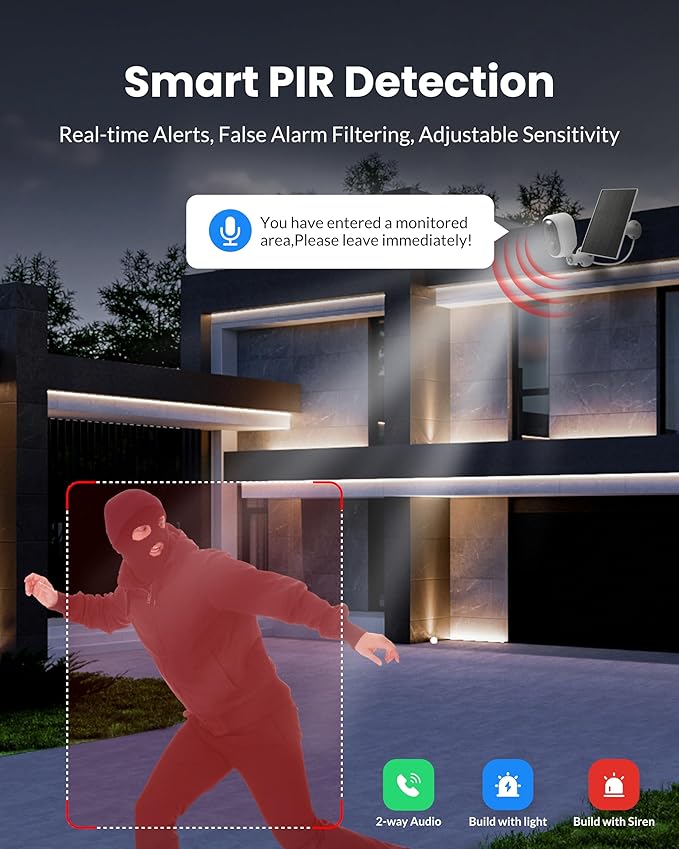 Aurumbach Solar Security Camera Outdoor Wireless 2 Pack, 2K Color Night Vision, Battery Powered PIR Motion Detection,2.4GHz WiFi Cameras for Home Surveillance, Light and Sound Alarm, 2-Way Audio