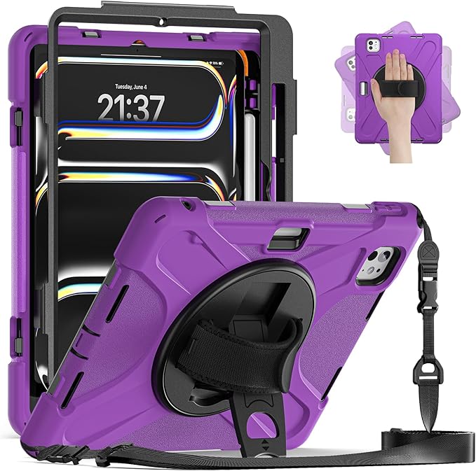 Batianda Case for iPad Pro 13-inch 2025 M5 2024 M4 Chip Heavy Duty Rugged Durability Silicone Tablet Cover with 360° Rotating Hand Strap Foldable Hidden Stand & Shoulder Strap, Purple