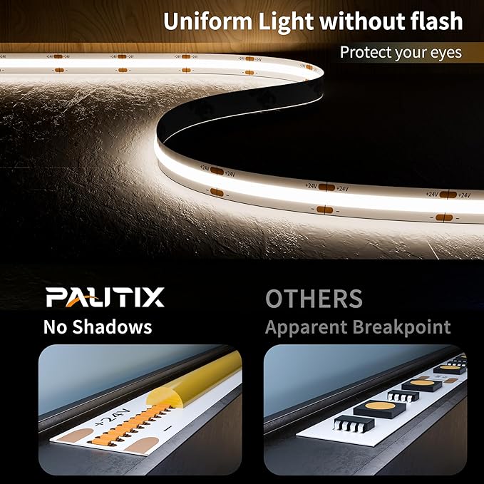 PAUTIX 24V LED Strip Light Cool White 5000K,20ft/6.1m COB LED Strip Light,Super Bright Flexible LED Tape Light for Kitchen,Stairs,Display Cabinet,Bedroom(Power Supply&Controller Not Included)