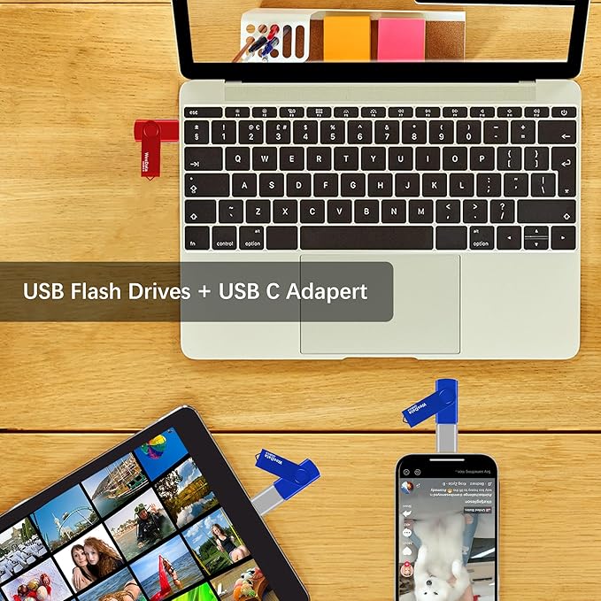 2 Pack 32GB USB 2.0 Flash Drive and 1 USB C Adapter, Thumb Drive USB Memory Stick Jump Drive, Compatible with OTG Type C Phones, Tablets, Laptop, PC (Blue, Red)