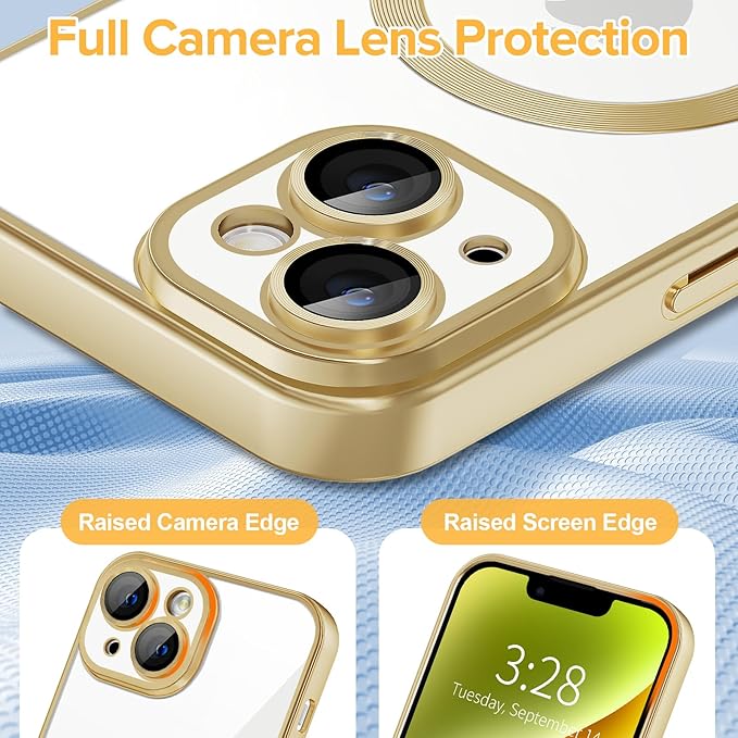 Hython Magnetic Clear for iPhone 14 Case with Camera Lens Protector [Compatible with MagSafe] Luxury Plating Edge Slim Soft TPU Cover Protective Phone Case for iPhone 14 6.1", Matte Gold