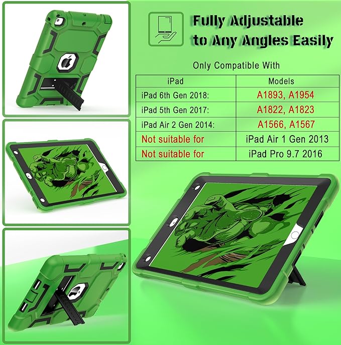 CCMAO iPad 6th Generation Cases, iPad 5th Generation Case, iPad 9.7 Case, iPad Air 2 Case, Hybrid Shockproof Rugged Drop Protection Case Built with Kickstand, Green+Black