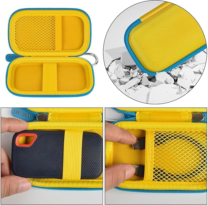 GWCASE Hard Case for SanDisk Extreme Portable SSD 1TB 2TB 4TB 8TB 500GB, External for Solid State Drive Travel Carrying Holder with Mesh Pocket for USB Cables & SD Cards (Bag Only)-Yellow