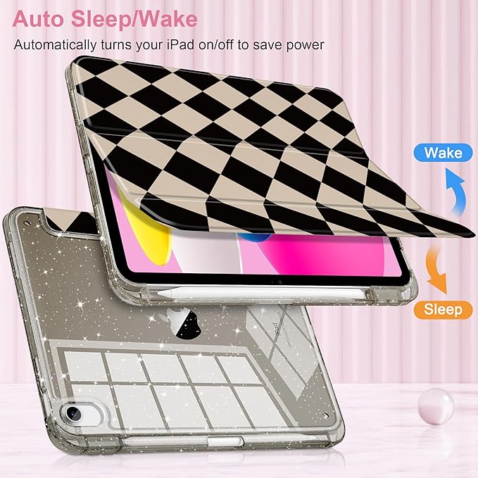 DONGKE for iPad Pro 11 inch Case – Fits M5 2025 / M4 2024, Shockproof Sparkling Glitter Acrylic Back, Pencil Holder, Trifold Stand, Auto Sleep/Wake & Touch ID Support - Argyle Pattern