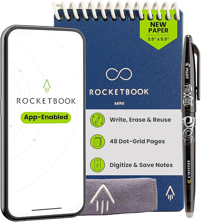 Rocketbook Mini Reusable Smart Notepad, Pocket Size On-The-Go Notebook, 3.5x5.5, Navy Blue (Pack of 1)